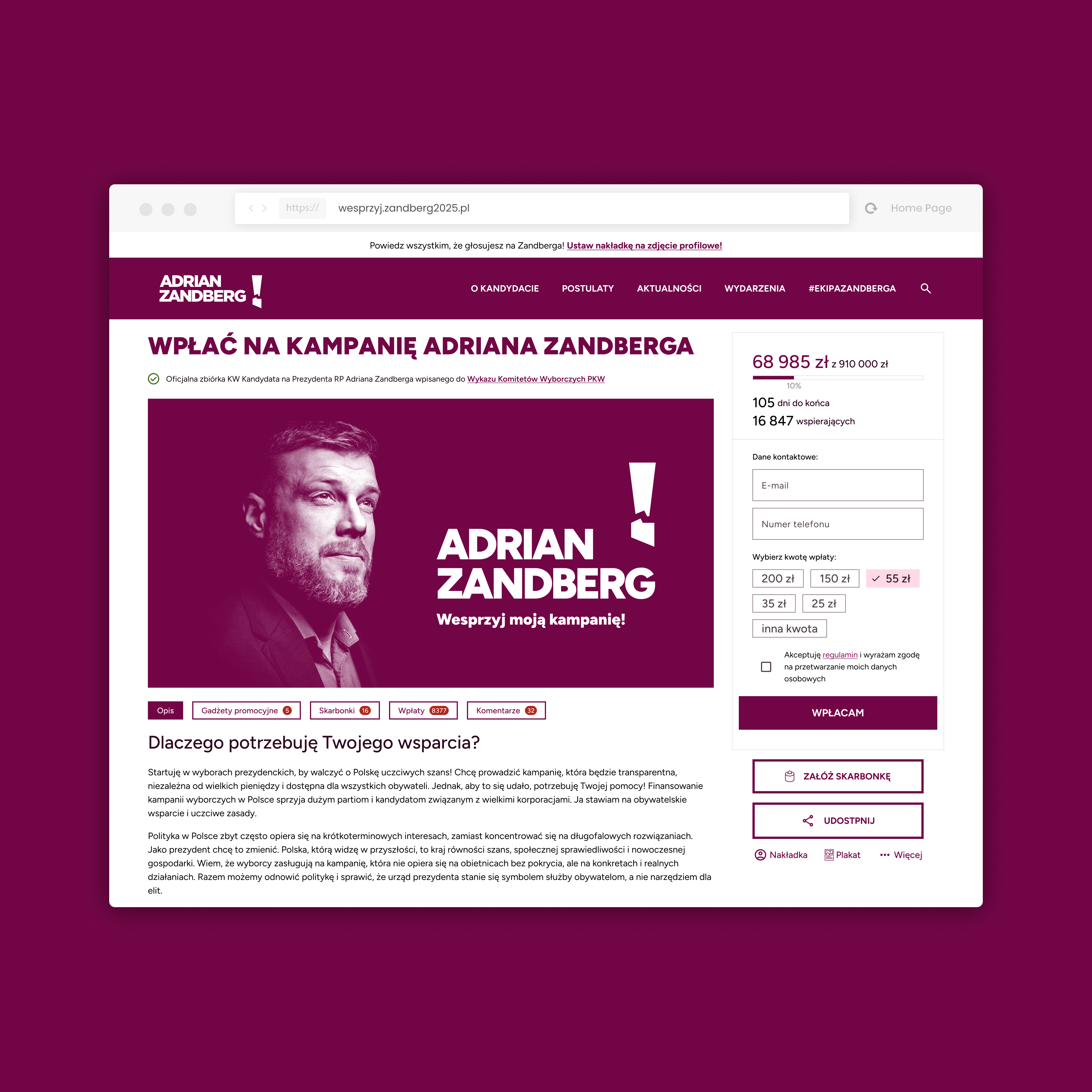 Strona wsparcia kampanii — system wpłat